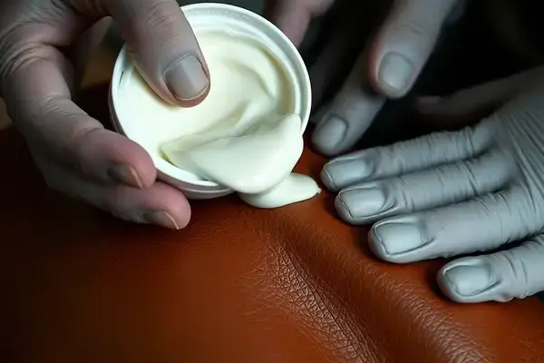 Leather conditioning treatment application with rich cream nourishing the leather surface