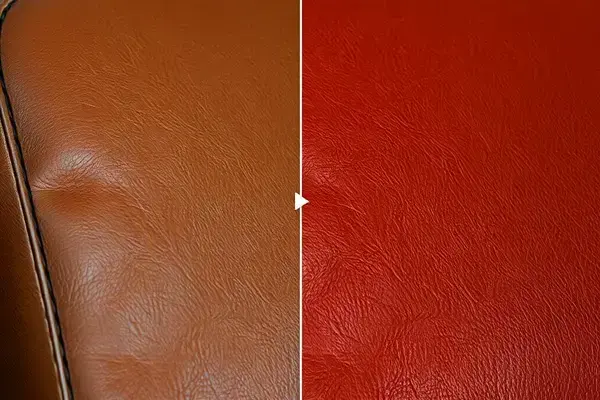 Color restoration process showing faded brown leather transformed to rich cognac color