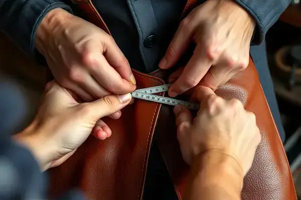 Custom leather alteration process showing precise measurements and fitting