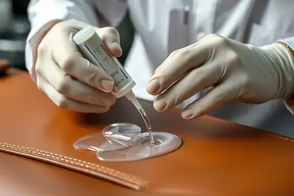 Professional leather cleaning process with technician applying specialized cleaner to leather surface