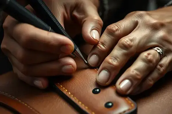 Close-up of skilled hands restoring leather detail with precision tools