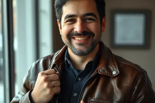 Satisfied customer holding their restored leather jacket with a big smile