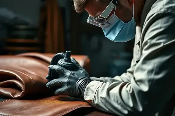 Professional leather dye application with technician using spray equipment