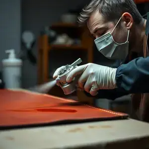 Professional leather dye application with technician using spray equipment