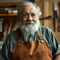 Portrait of Robert Davis, a 65-year-old master craftsman with silver beard and kind eyes, wearing leather apron in workshop