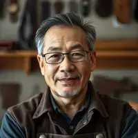 Portrait of David Park, a 52-year-old leather artisan with professional appearance and confident expression