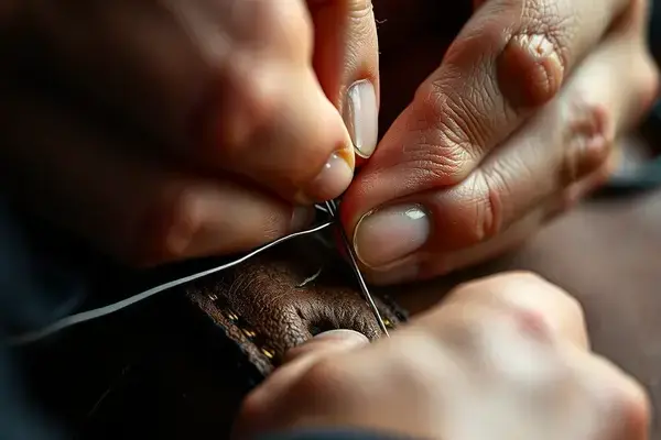 Close-up of artisan performing precision leather repair with needle and thread
