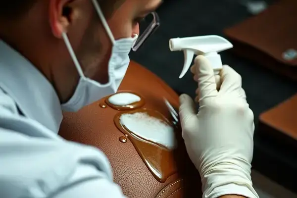 Professional leather cleaning process with technician applying specialized cleaner to leather surface