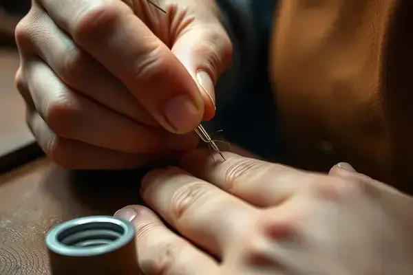Close-up of artisan performing precision leather repair with needle and thread