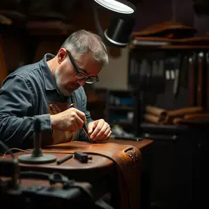 Professional leather repair service technician working with specialized equipment