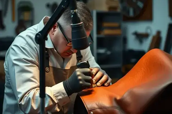 Professional leather repair service technician working with specialized equipment