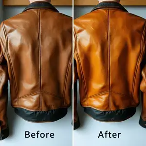 Before and after restoration of leather jacket showing dramatic improvement in color and texture