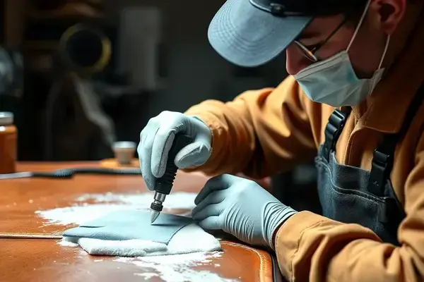 Professional leather cleaning service technician working with specialized equipment