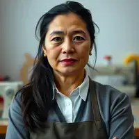 Portrait of Maria Santos, a 48-year-old skilled tailor with dark hair pulled back, focused expression, wearing professional attire