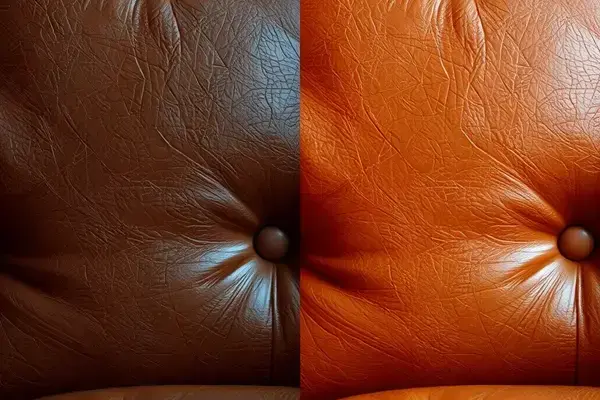 Color restoration process showing faded brown leather transformed to rich cognac color
