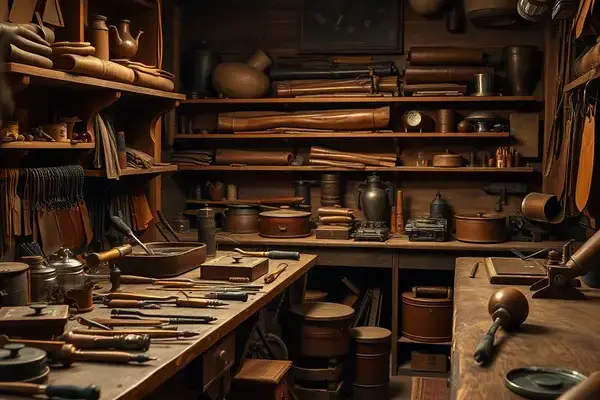 Vintage leather workshop with traditional tools and craftsmanship equipment
